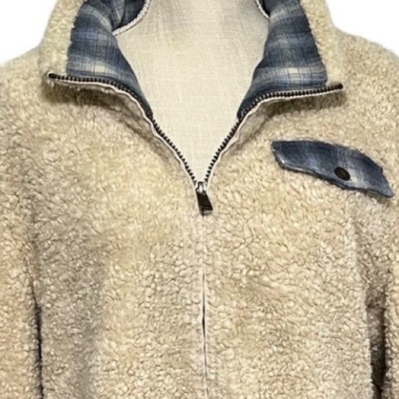 Pendleton Beige deep pile Sherpa fleece plaid accent full zip cozy warm jacket - Picture 2 of 9
